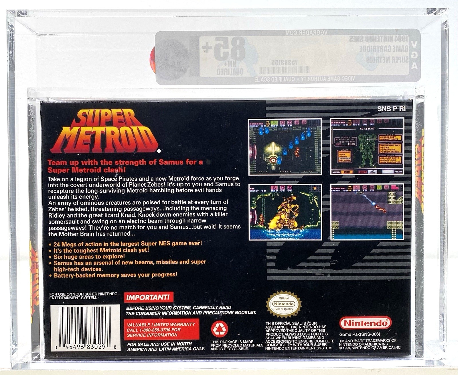 Super Metroid Nintendo SNES New 1994 1st Print VGA Archival Q 85+ Qualified