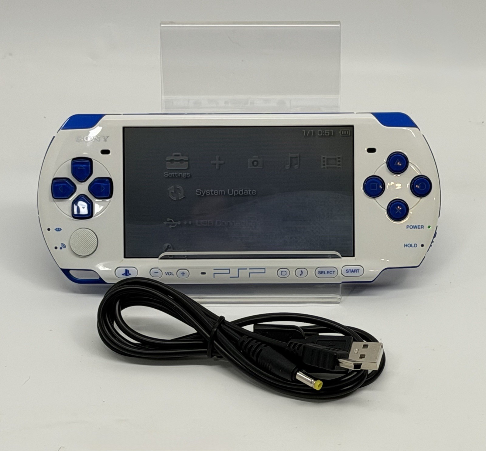 White & Blue Sony PSP 3000 System w Charger, And New Battery Bundle Excellent