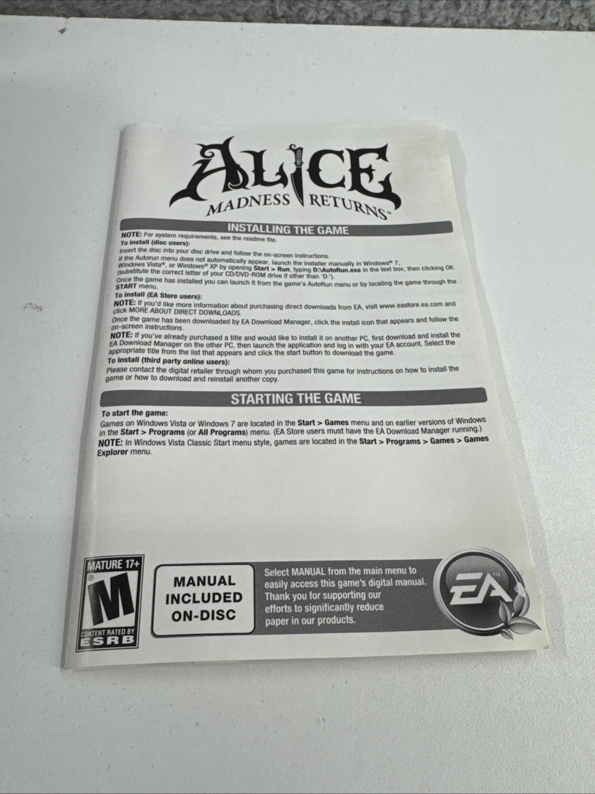 Alice: Madness Returns (PC Video Game 2011) Includes Disc, Paper Insert + Key