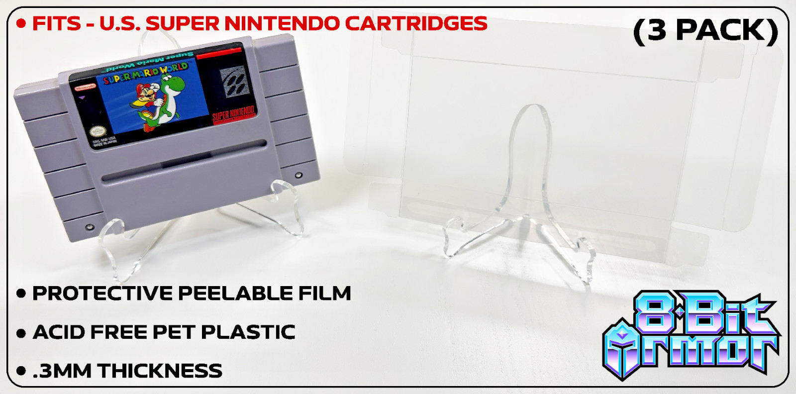 3 Cartridge Protectors for Super Nintendo SNES Cart Game Clear Display Case