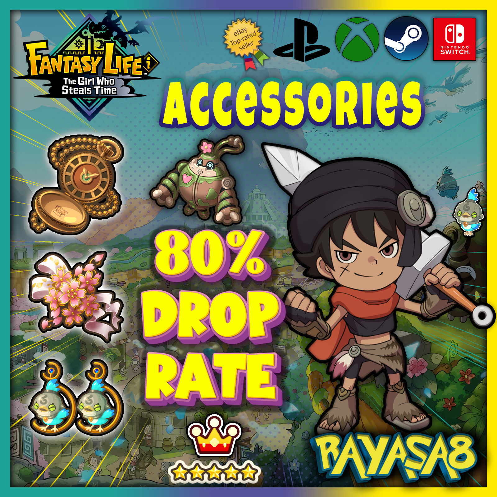 🎁 Fantasy Life i | 80% Drop Rate Accessory Set (4x Each) | Edward’s Watch +