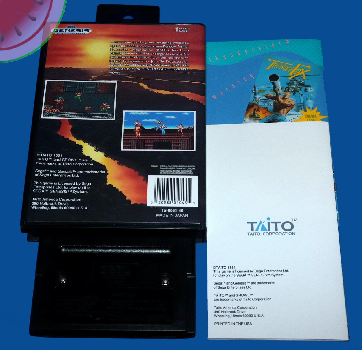 TESTED Sega GENESIS Game GROWL Beat Em Up with NEW Case, Manual, Taito Wave Ad