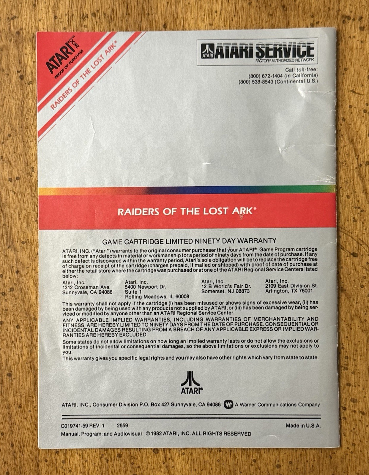 VINTAGE 1980s Atari 2600 Raiders Of The Lost Ark Manual Booklet