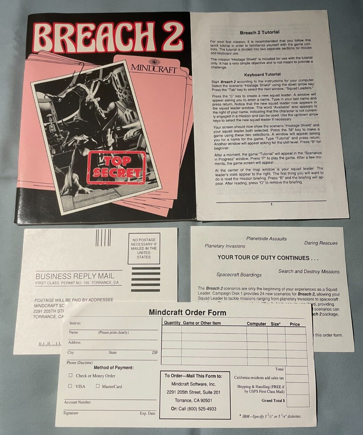 BREACH 2 – Amiga/IBM PC Computer Mindcraft Video Game Manual & Inserts ONLY!