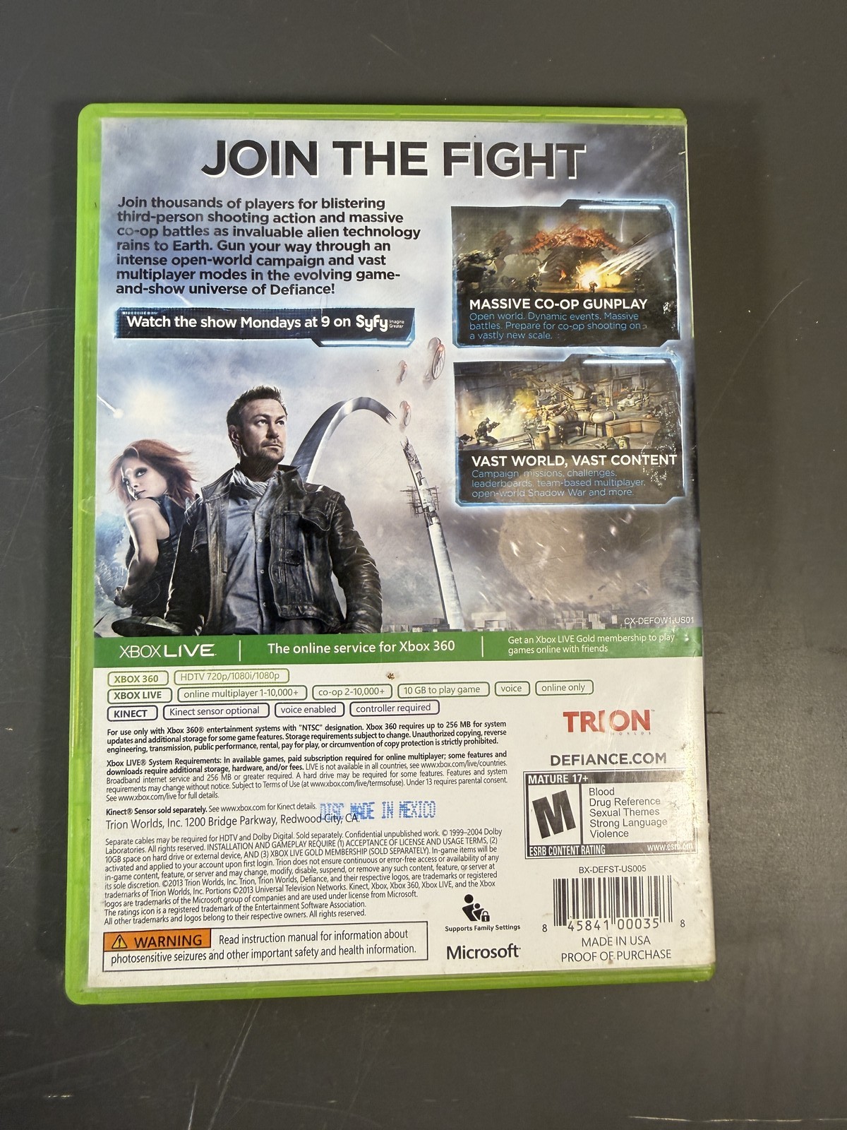 Defiance Xbox 360 Video Game Microsoft Trion Worlds NTSC Shooter w/ Case &
