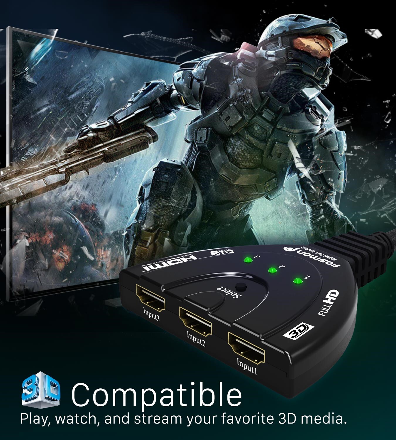 Fosmon 3×1 3 Port 4K UHD HD TV 3D Compact HDMI Switch Hub Splitter Adapter