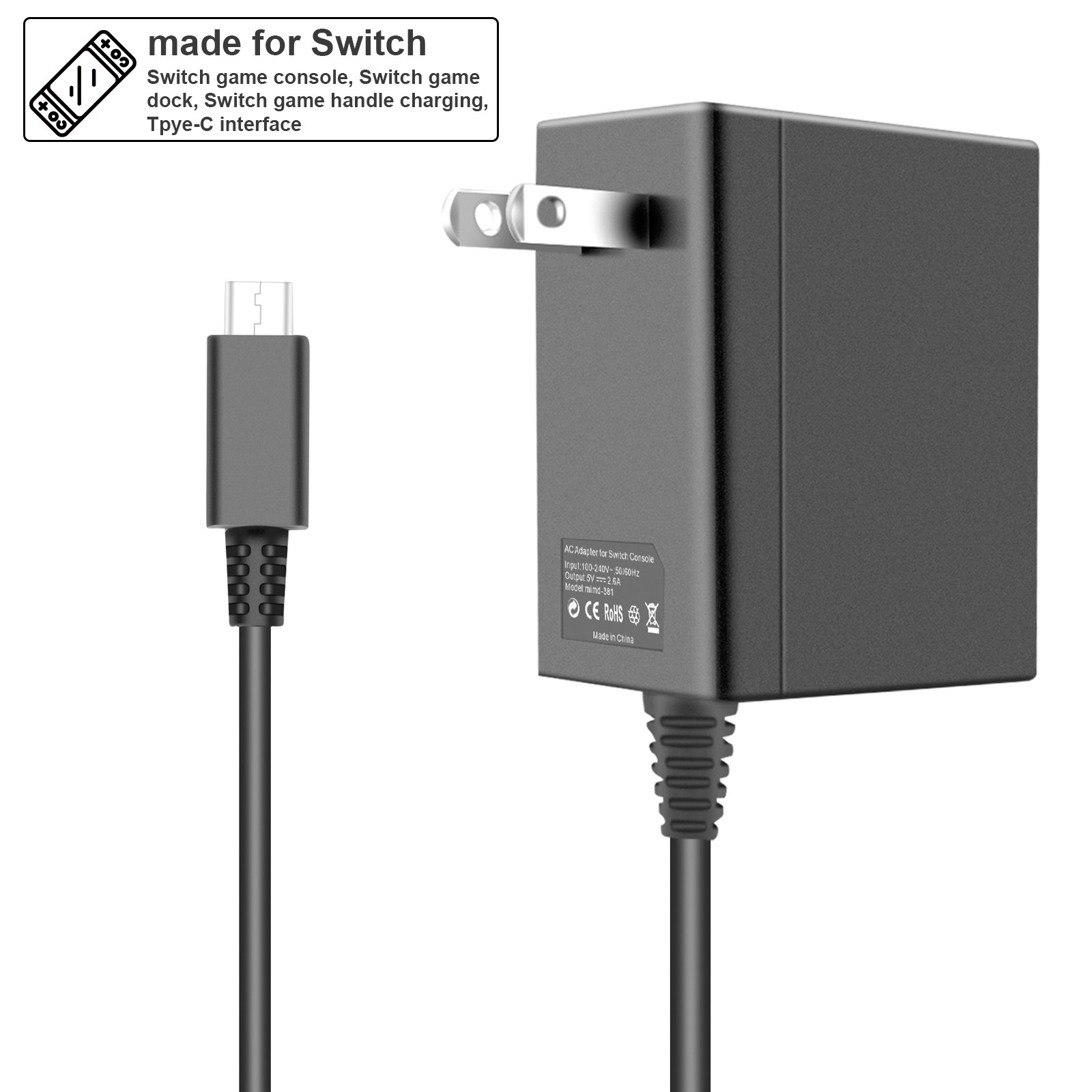 AC Adapter Power Supply for Nintendo Switch Wall & Travel Charger Plug Cord Lite