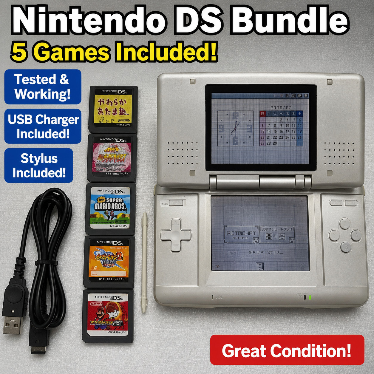 Nintendo DS Original Silver Bundle 5 Games USB Charger Tested Working Region Fre
