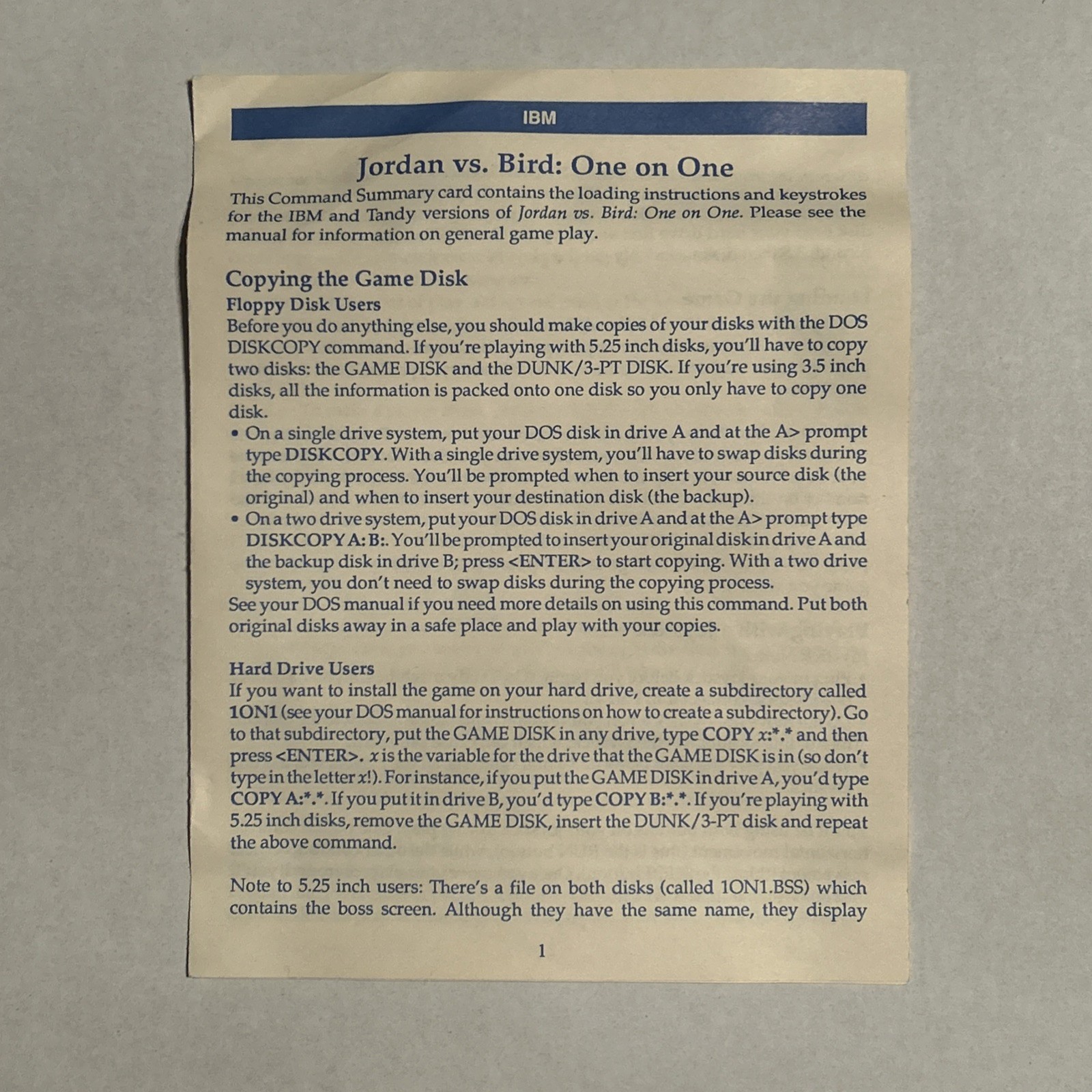 Jordan Vs. Bird: One-On-One IBM PC 5 1/4