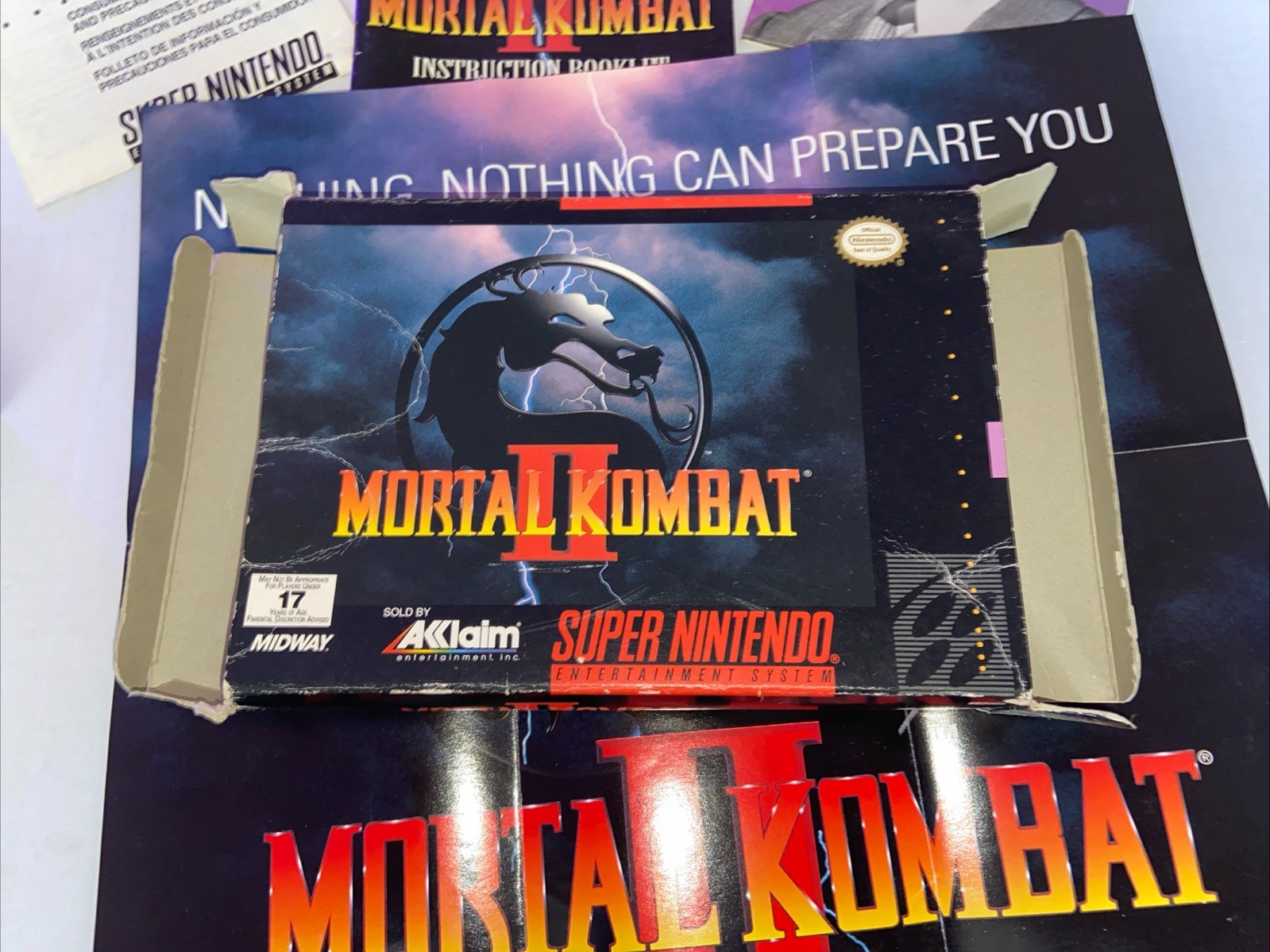 Vintage 1994 Mortal Kombat 2 Super Nintendo Snes W/ Box, Manual, & Poster