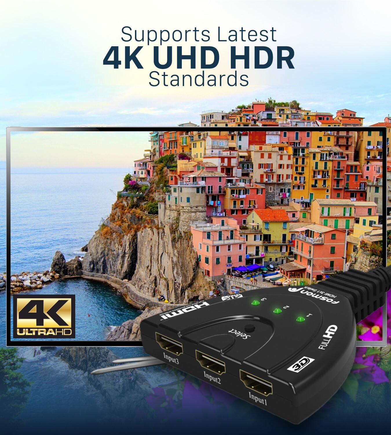 Fosmon 3×1 3 Port Gold Plated 4K UHD 3D High Speed Braided HDMI Switch Plug