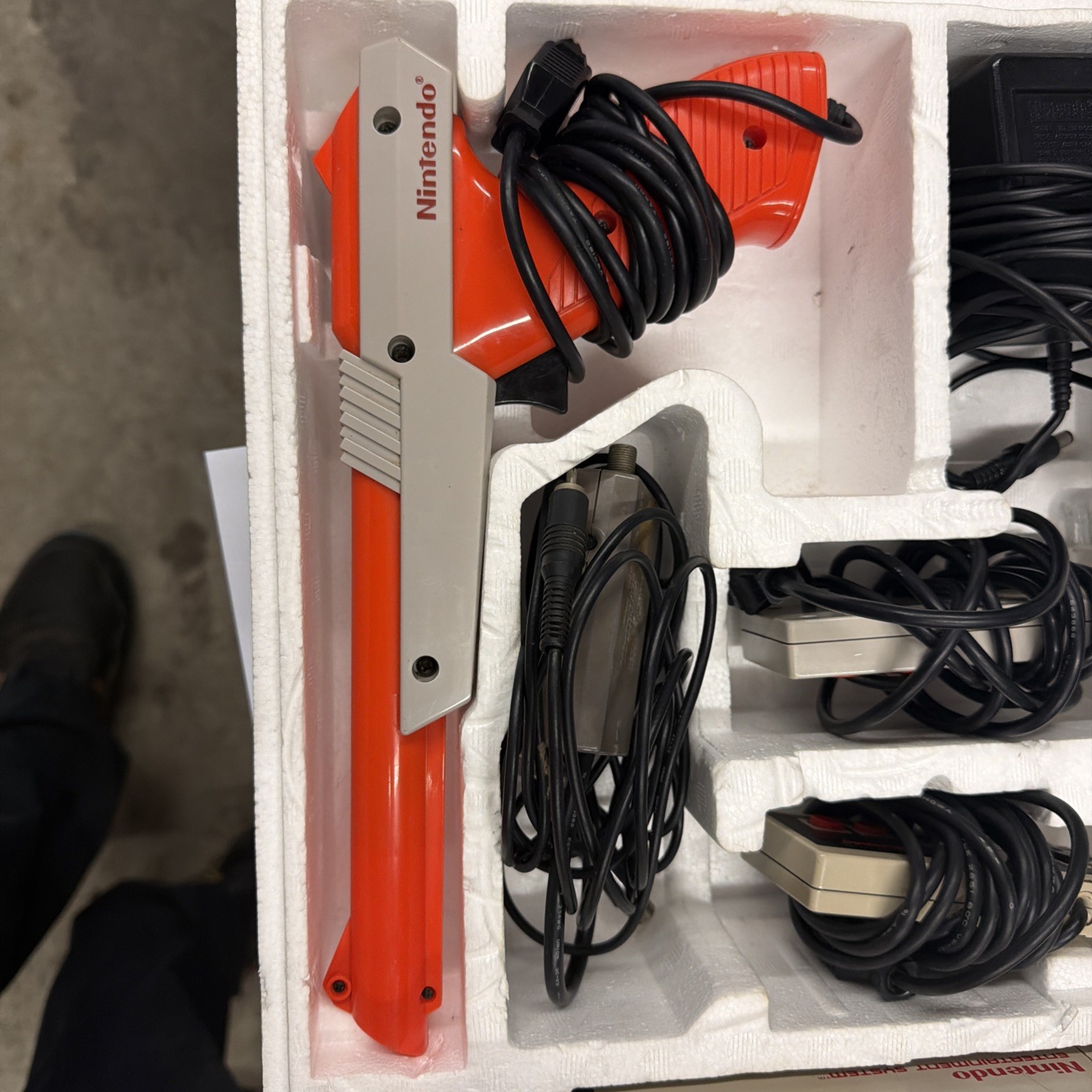 NES Action Set Box with Styrofoam, Console, Controllers, Hookups.