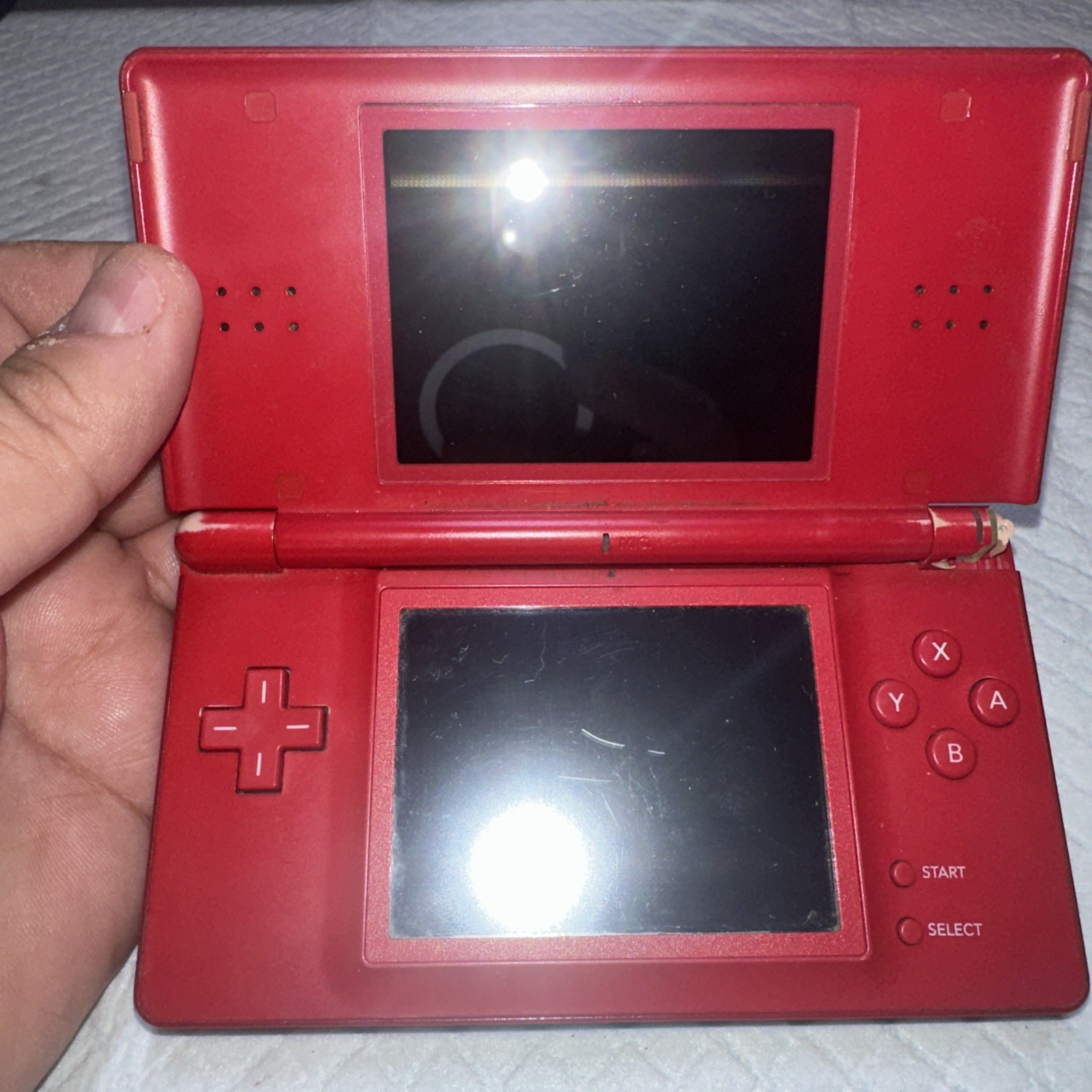Nintendo DS Lite Mario Edition Console w/ Charger & GBA WORKS! BAD HINGE!