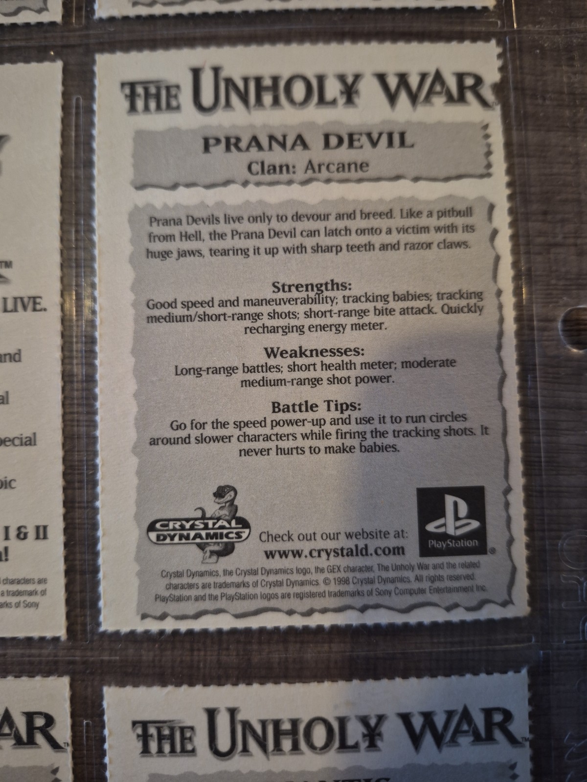 Vintage The Unholy War PlayStation 1 One character card sheet Crystal Dynamics
