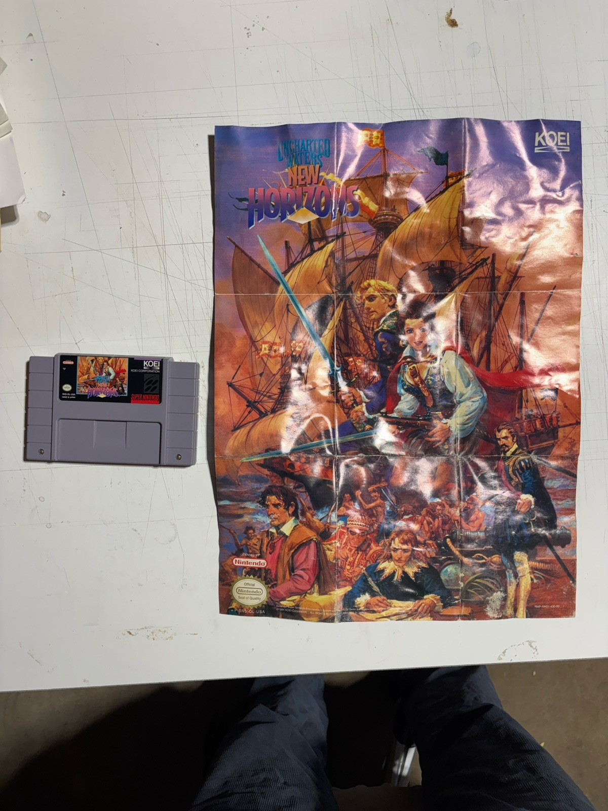 Uncharted Waters New Horizons (SNES, 1994) Cartridge and map w water damage