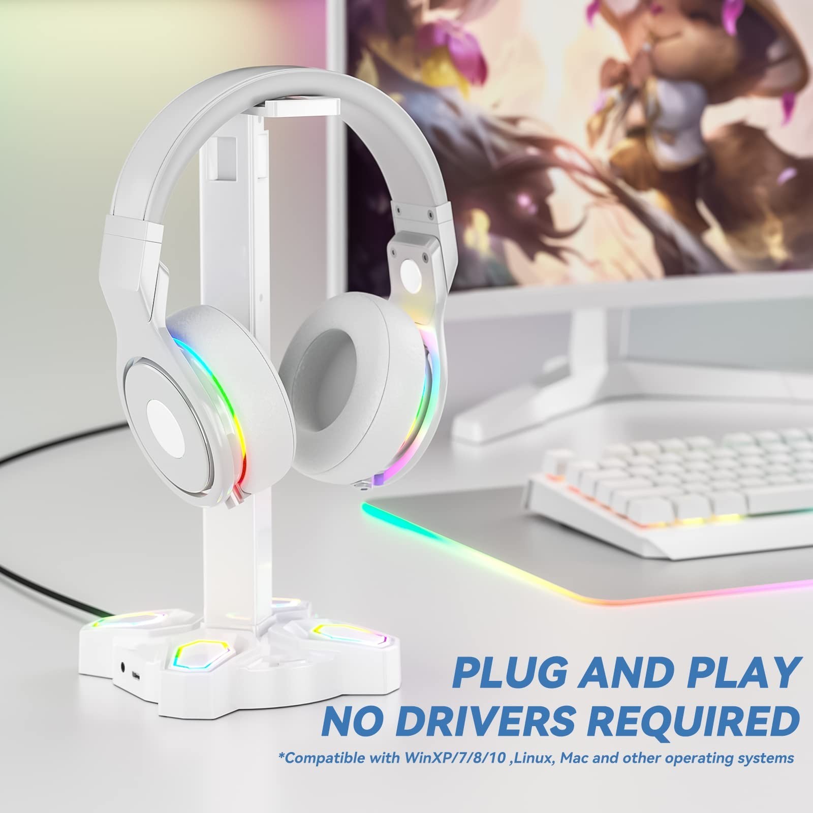 Gaming Headset Stand with RGB Light, 2 USB Ports & 3.5mm Audio Jack – Desktop Ac