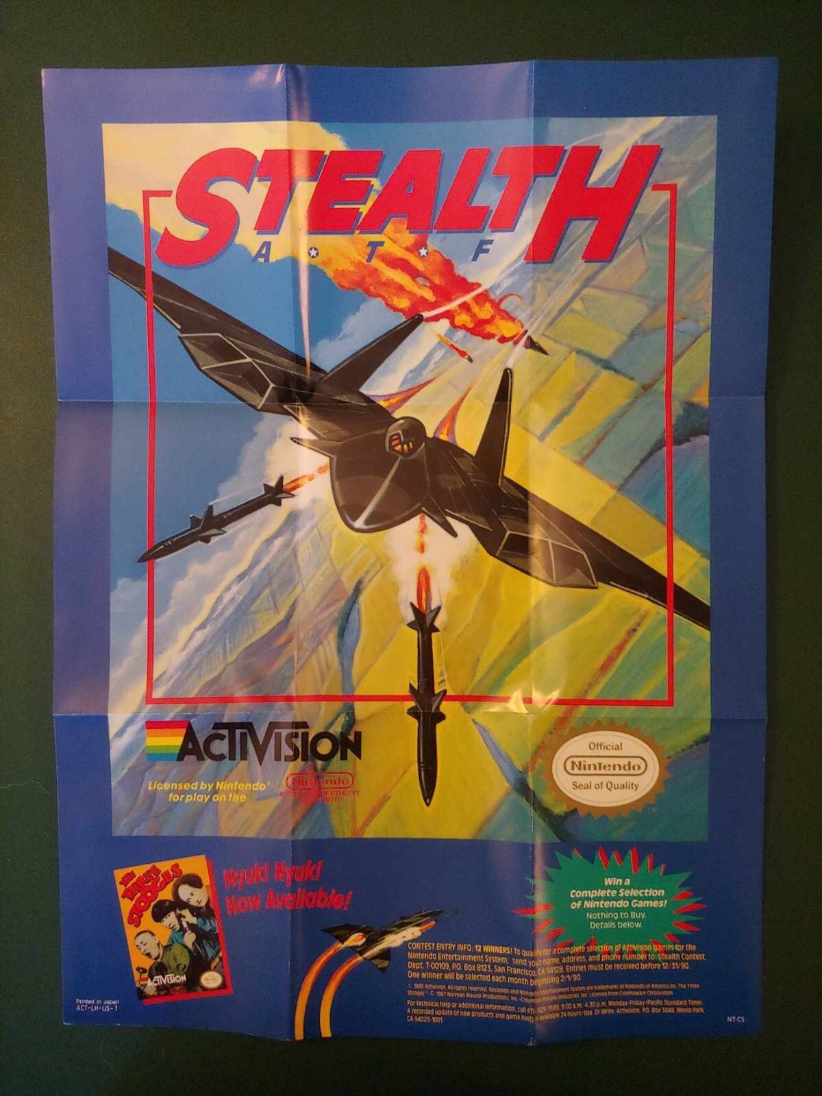 Vintage 1989 STEALTH ATF Nintendo NES Game Fold-Out Insert Poster ACT-LH-US-1