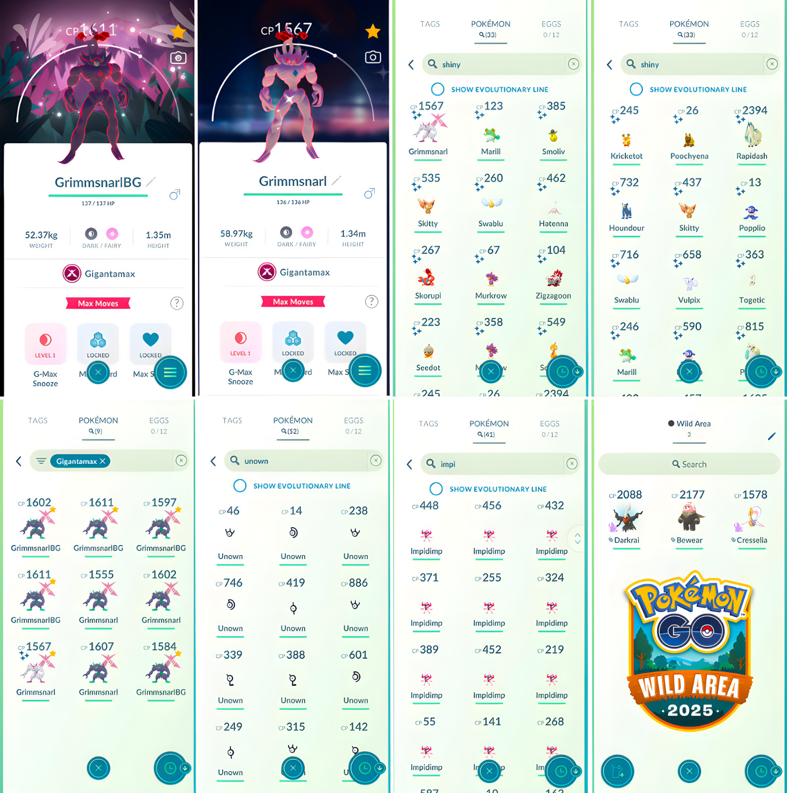 Grimmsnarl BG, Impidimp, 1M Stardust, Unown W, Shinies ++ | Wild Area PTC | Go ✨
