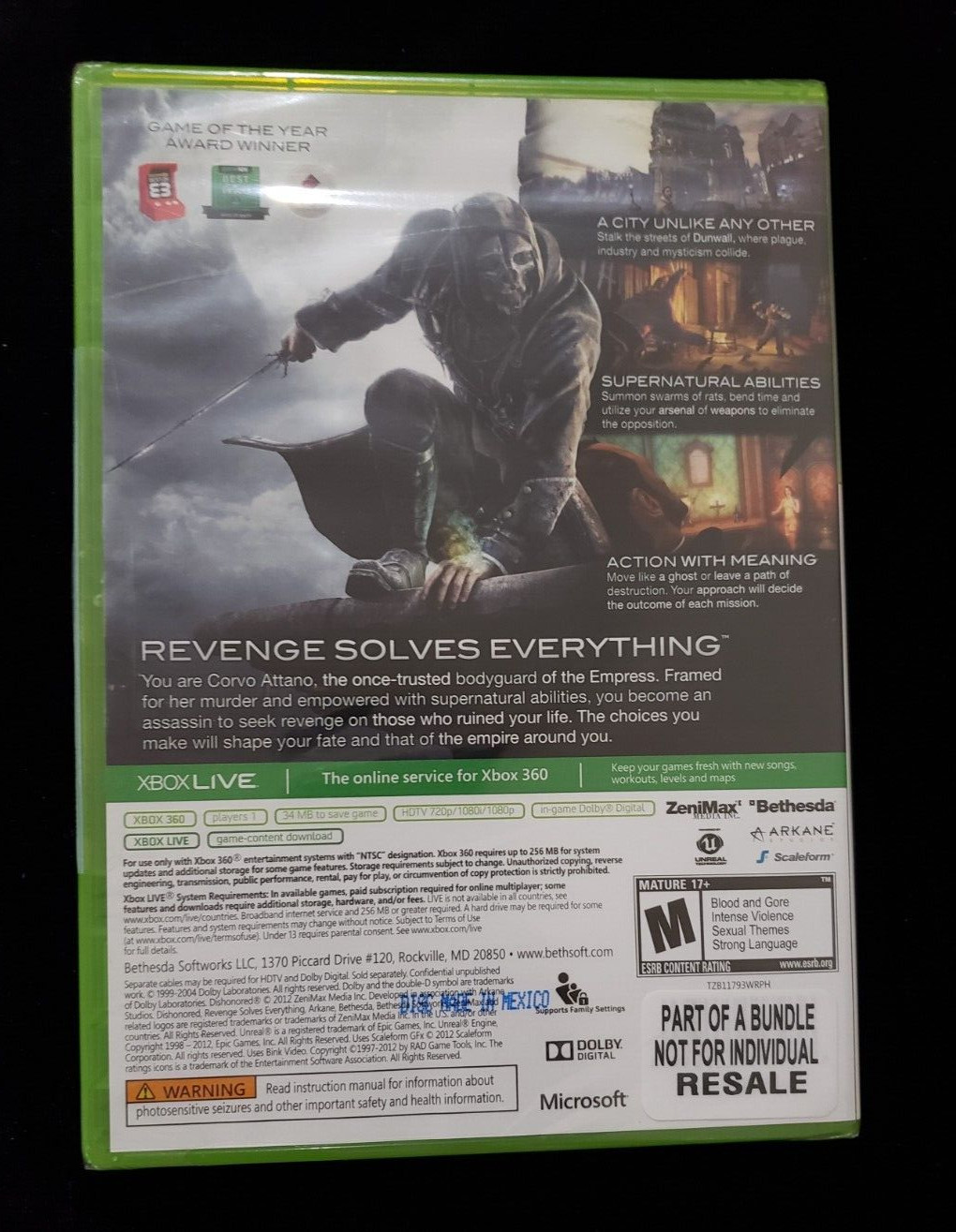 Dishonored (Microsoft Xbox 360, 2012) BRAND NEW FACTORY SEALED