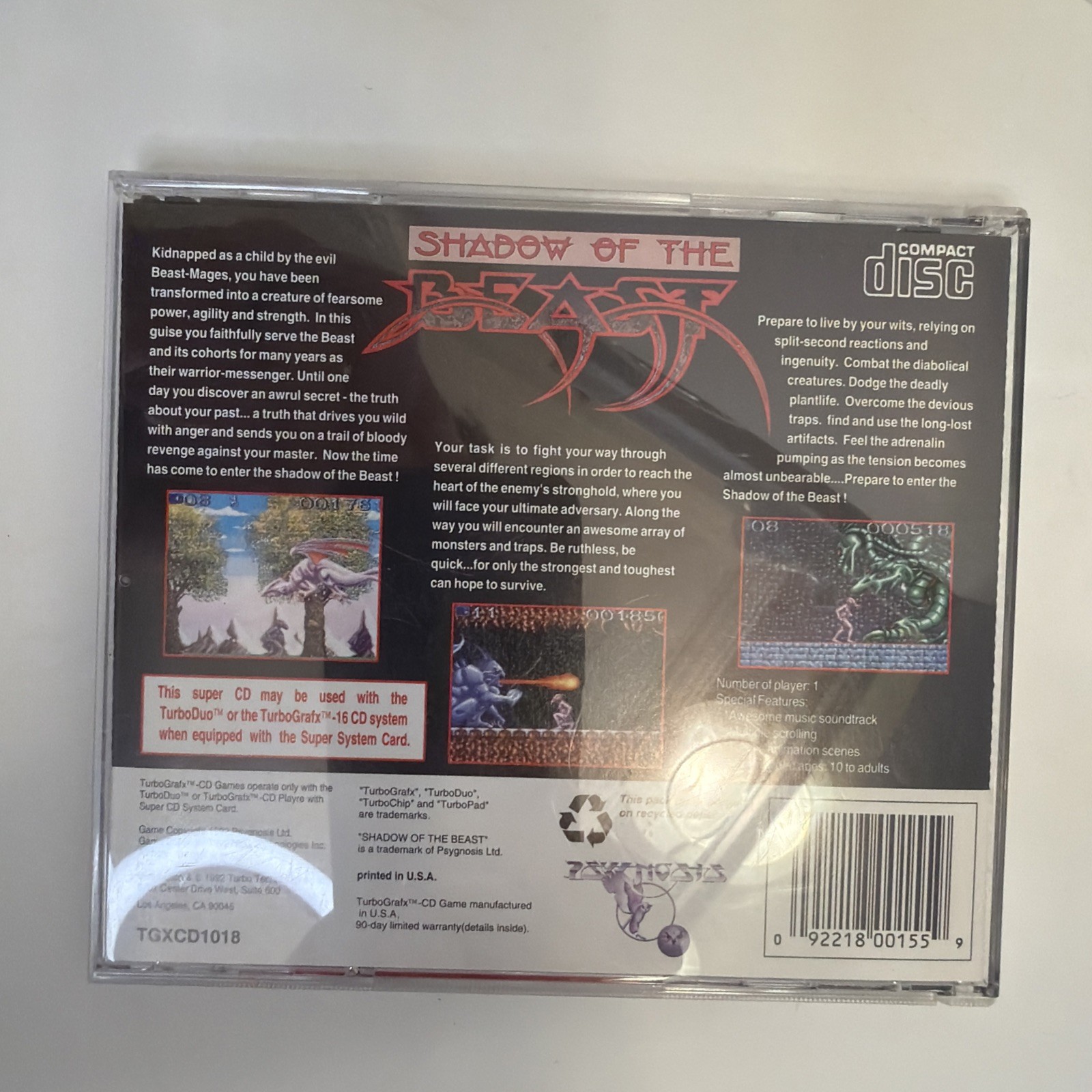 Shadow of the Beast TurboGrafx Super CD Turbo Duo Tested Complete CIB