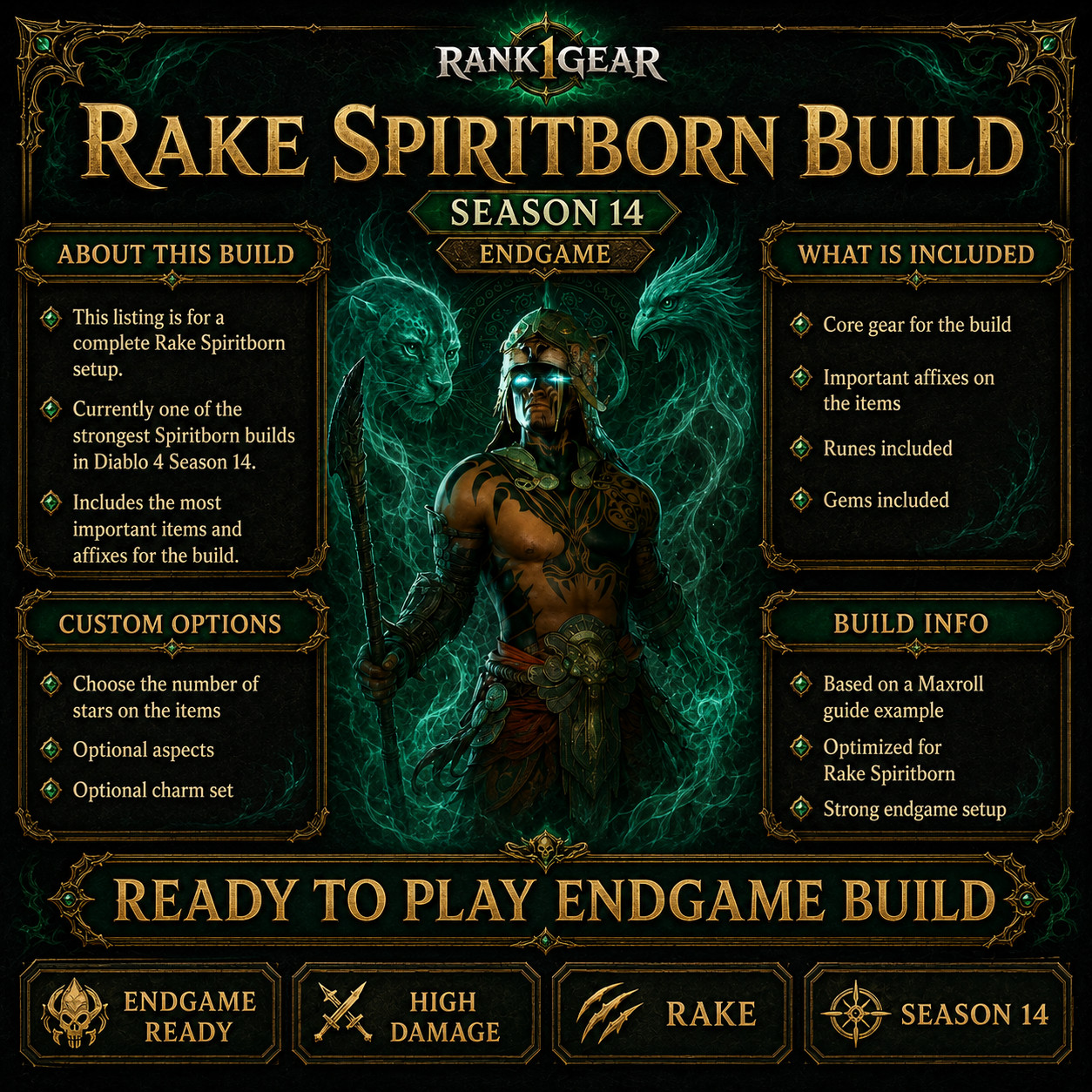 Diablo 4⚔️ Season 14⚔️Rake Spiritborn Build Endgame BEST BUILD S+ TIER UNIQUE
