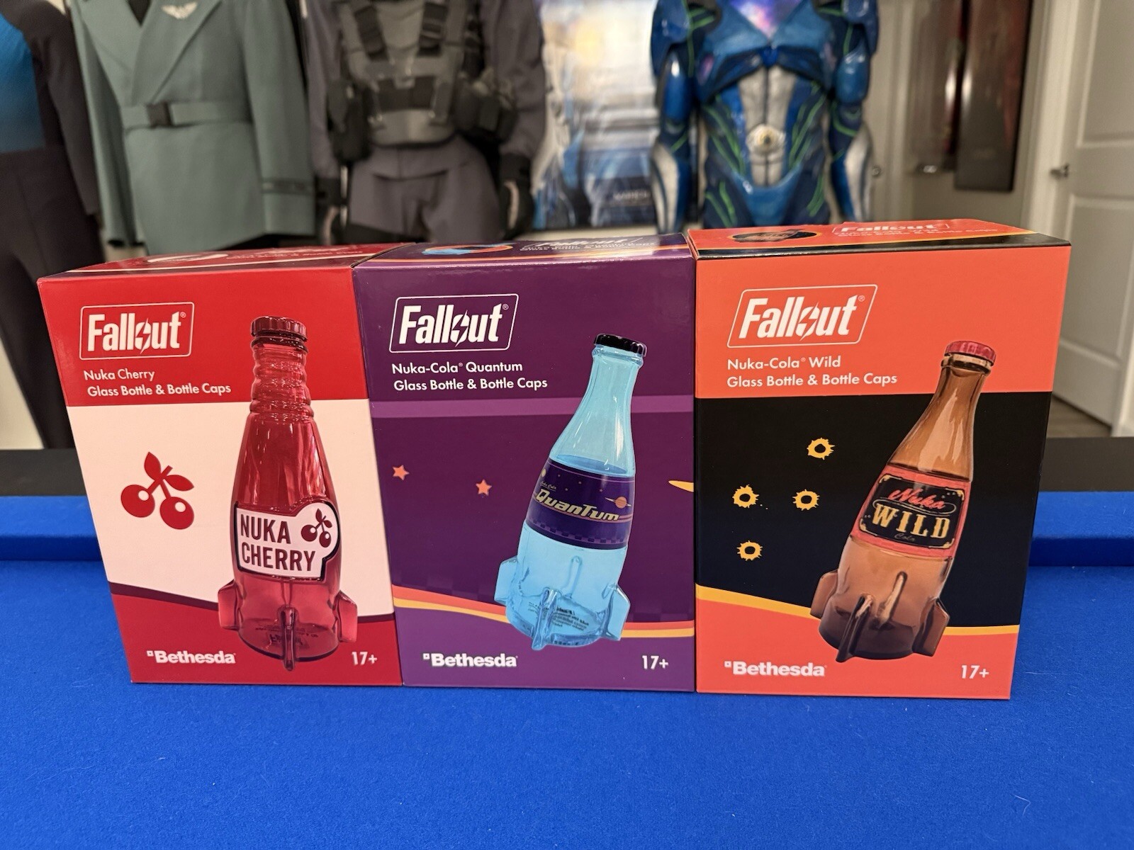 Bethesda Fallout Nuka Cola Quantum Wild & Cherry Glass Bottle + Caps Replica Set