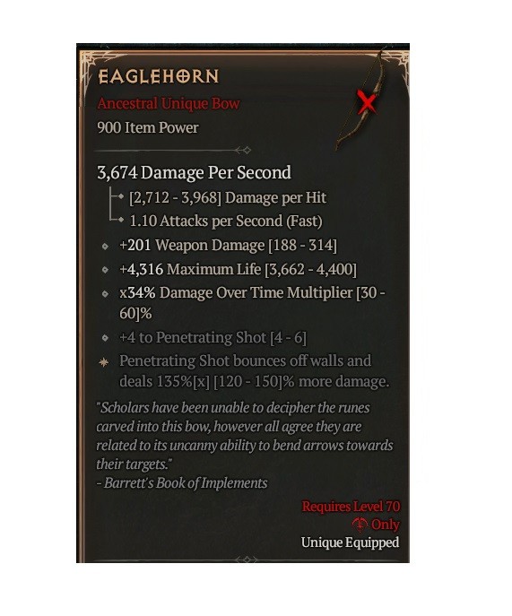 Diablo 4 Season 14 Eaglehorn 0GA 135 Unique Rogue Weapon Bow Item Gear Equipment