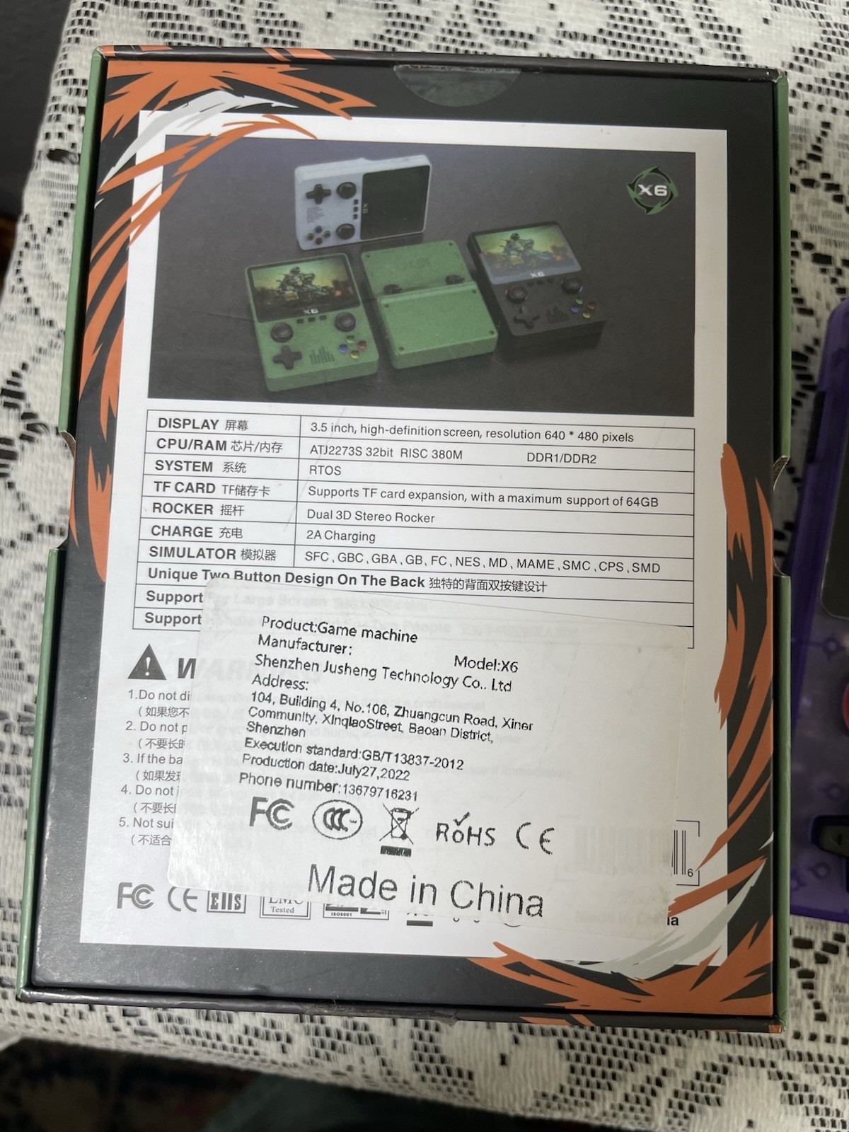 X6 Handheld Game Console Purple TV DC Music Movie E-book Photo Game Recording