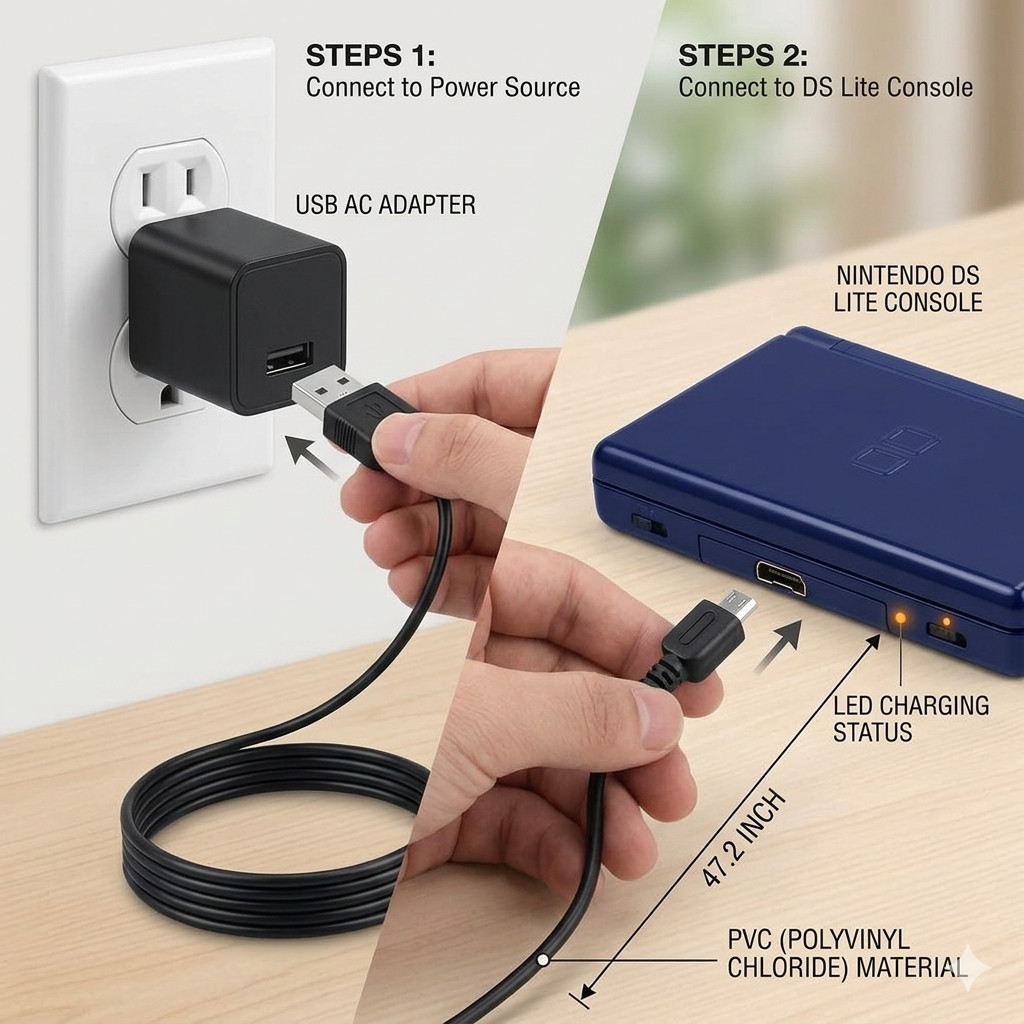 USB Charger Cable for Nintendo DS Lite NDSL Charging Power Cord Sync Lead Black