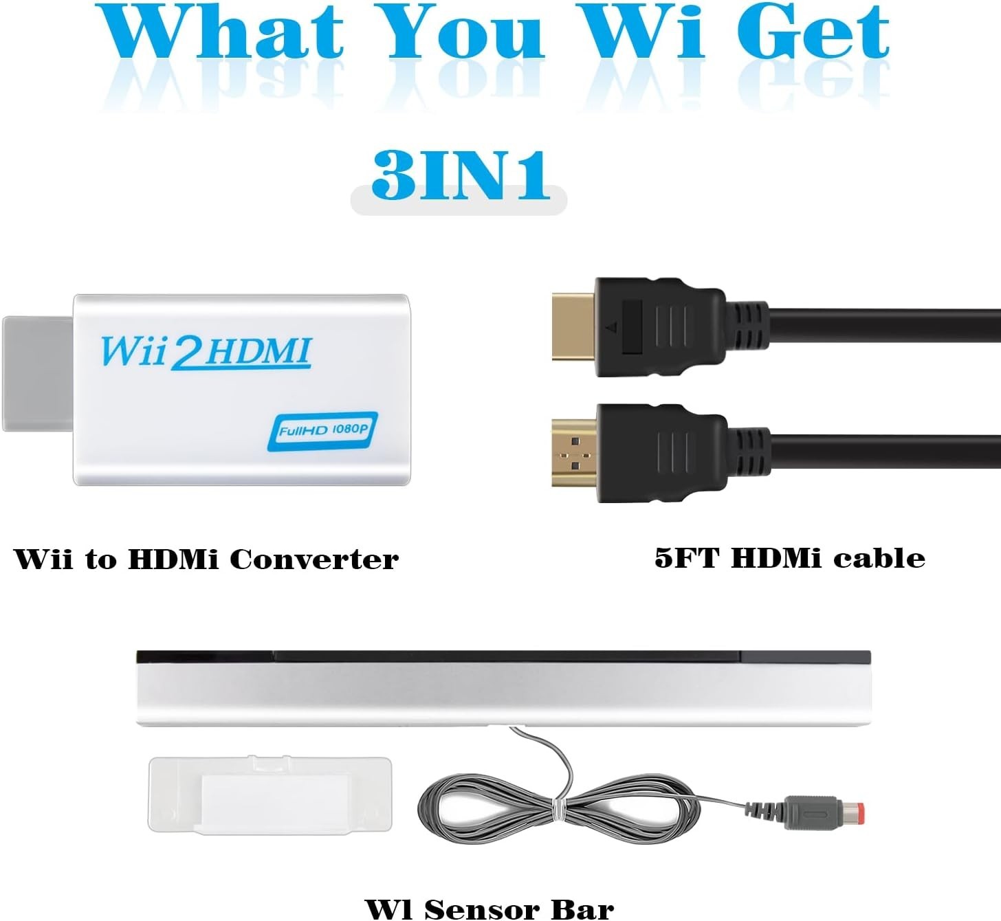 3 in 1 Kit Wii to HDMI Converter Wired Infrared Sensor Bar 5ft HDMI Cable