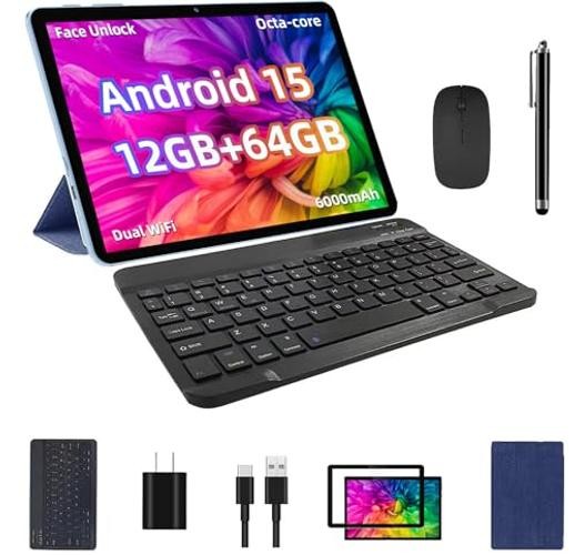 Android 15 Tablet, 12GB+64GB+1TB Expand, 10inch Tablet Bundle with Blue