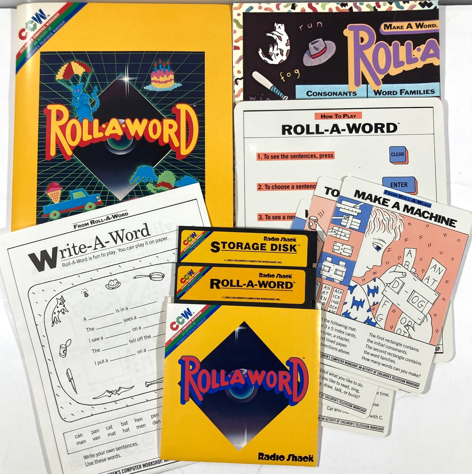 Radio Shack 1983 3-Game 5.25″ Disk Set Bagasaurus Picture Palace Roll-A-Word CCW