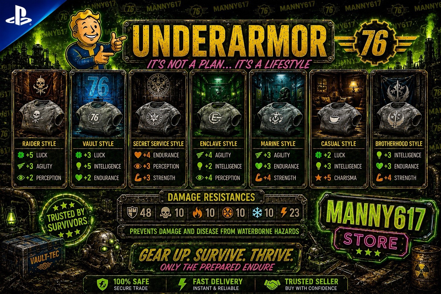 Fallout 76 PS4/PS5 Marine Wetsuit Underarmor Set Fast Delivery