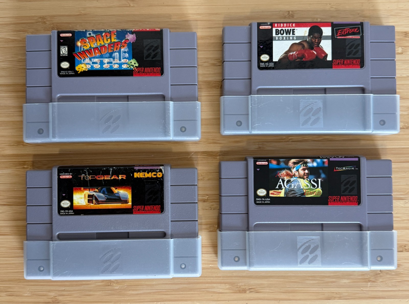 Super Nintendo SNES Game Cartridge LOT Space Invaders, Top Gear, Agassi, Boxing