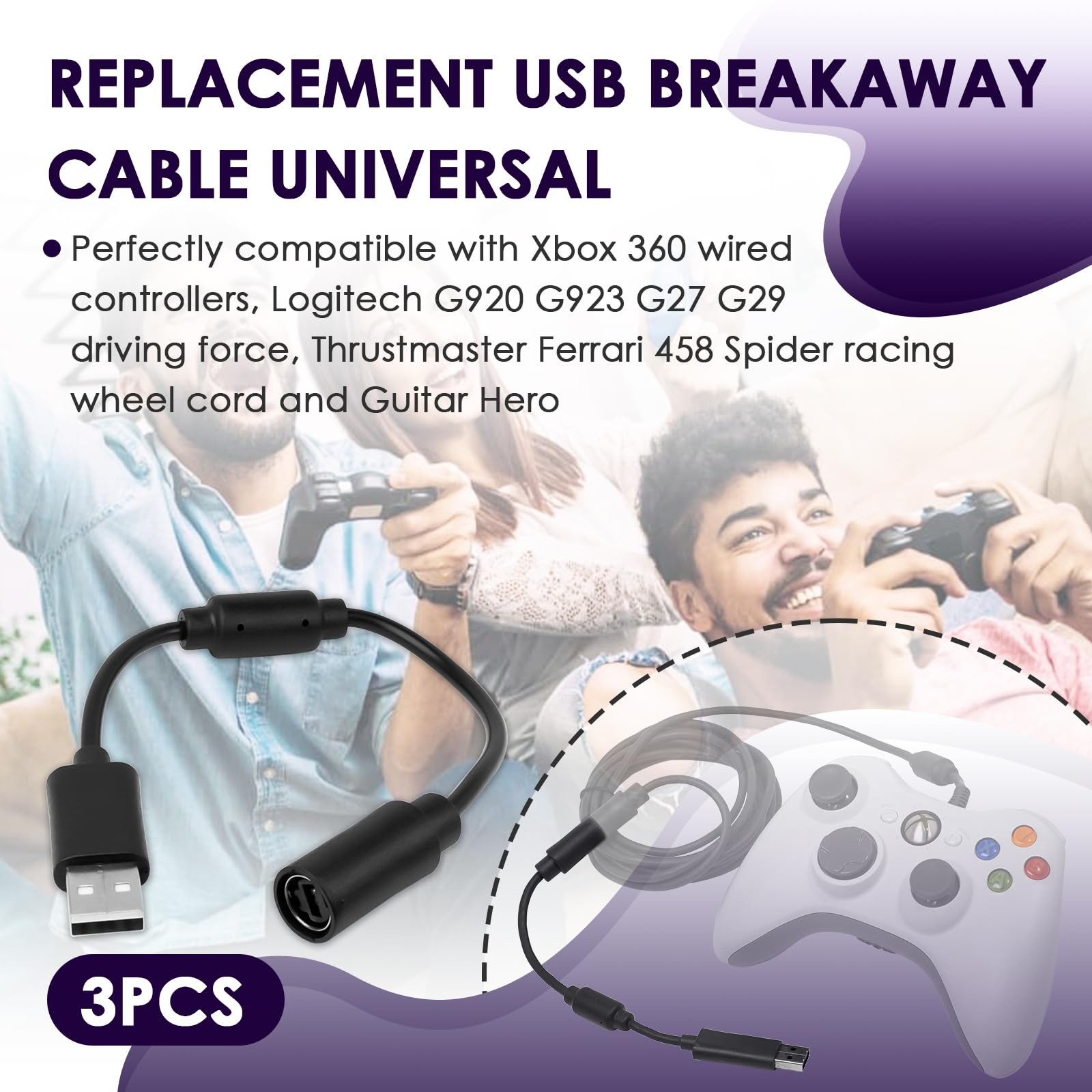USB Breakaway Cable For Xbox 360 Rocksmith Guitar Hero Controller Dongle 6ft