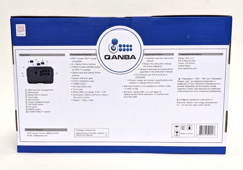 QANBA Drone 2 Arcade Joystick For PS5, PS4 Wired USB cord length 7.5ft Black