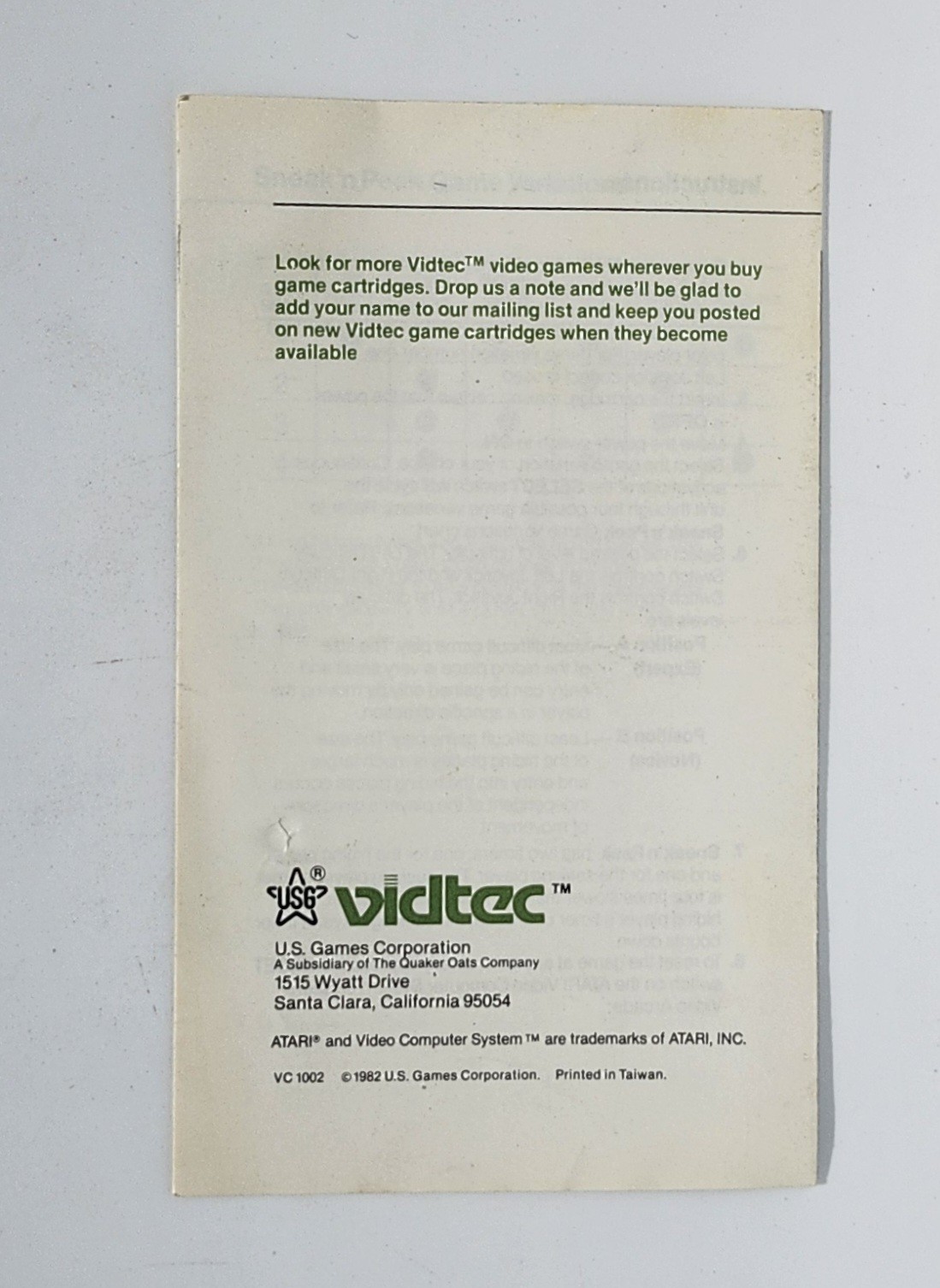 Sneak’n Peek Atari 2600 Manual 1982 VG+ Vidtec US Games Hide Seek Retro Game