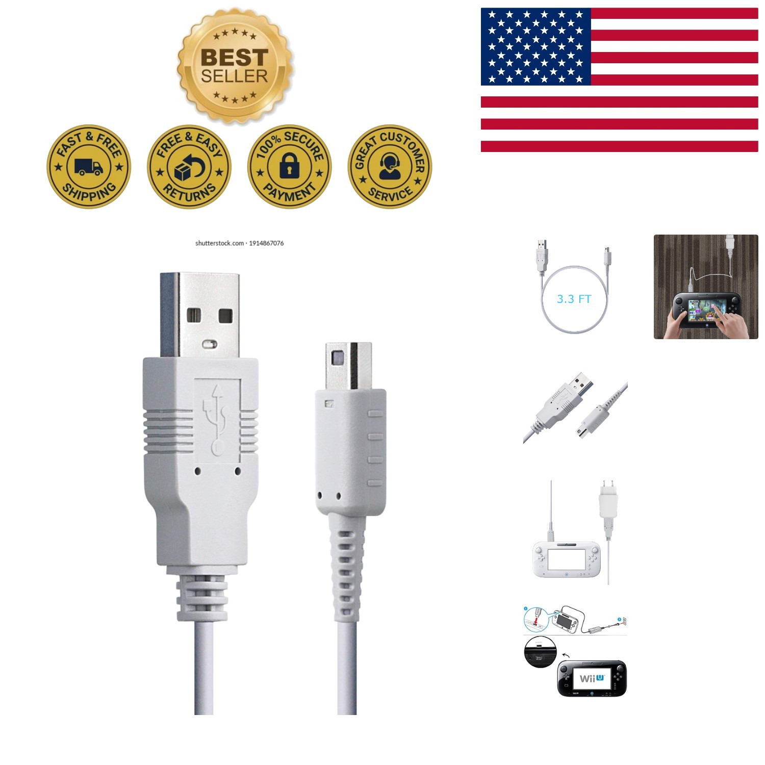 39-Inch USB Type A Charging Cable for Wii U Controllers – Perfect Fit & Durable