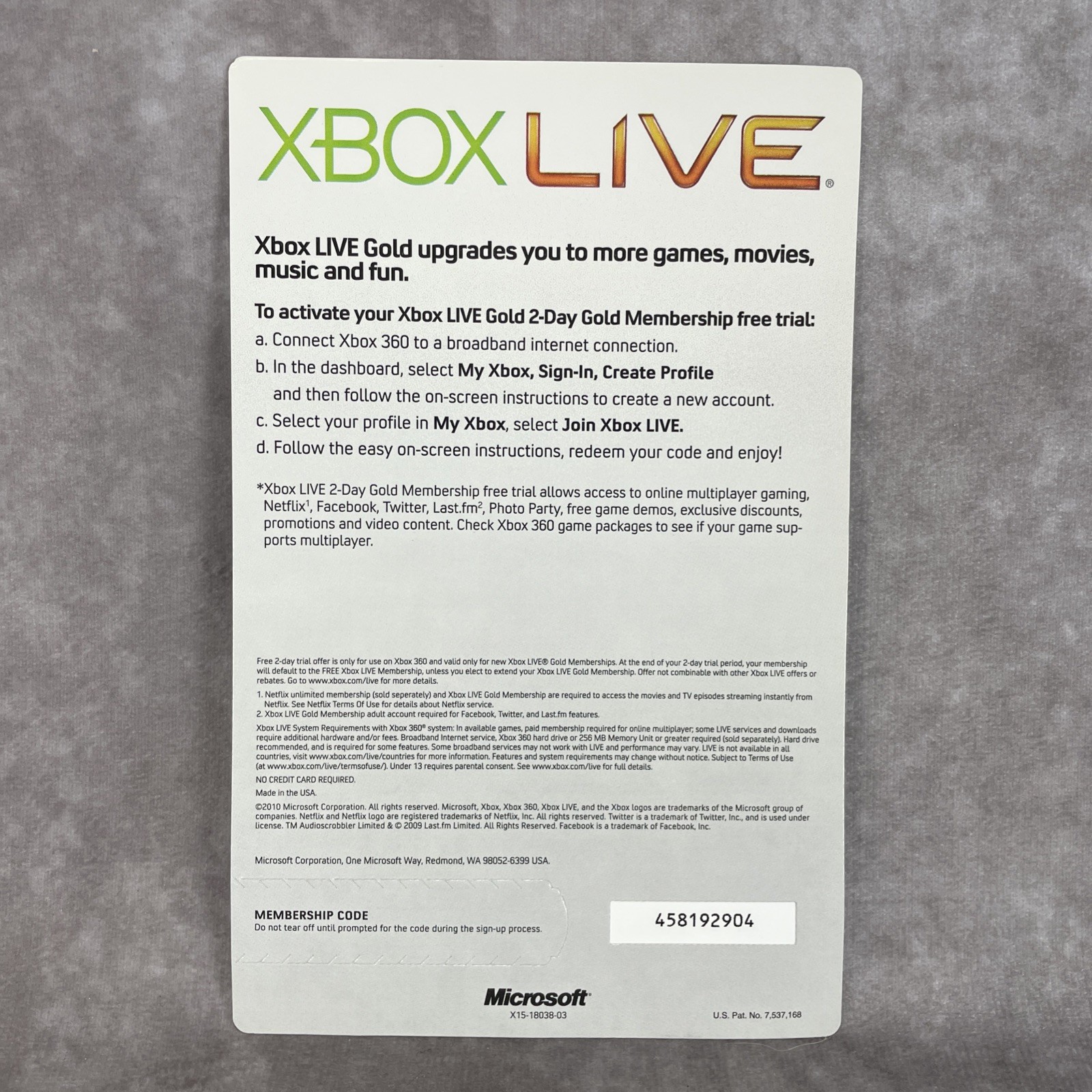 Microsoft Xbox Live Gold Pass 2 Day Trial for Xbox 360 Collectible Promo Insert