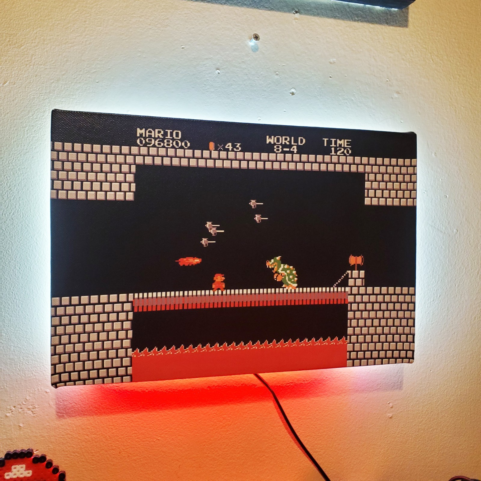 Mario vs Bowser backlit with LEDs custom wrapped canvas 8×12″ game room gift NES