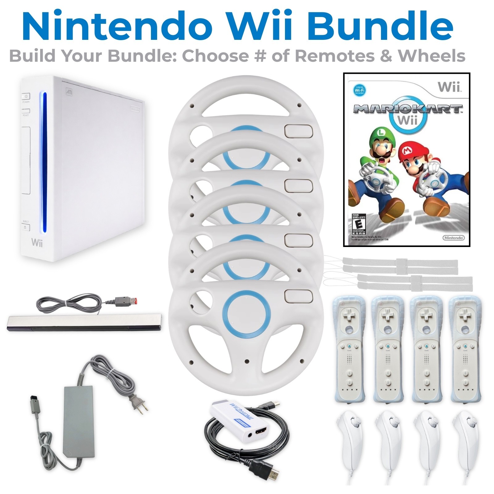 Wii Console Bundle HDMI + Mario Kart | 1-4 Remotes + 1-4 Wheels