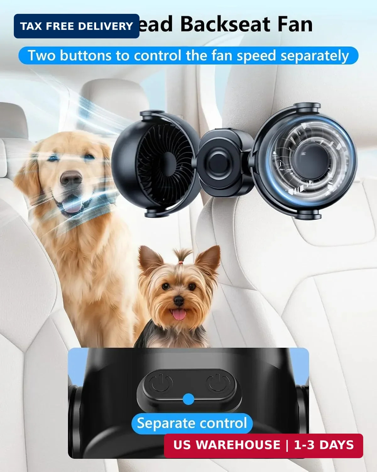 Dual Head Car Cooling Fans for Back Seat for Kids, 4000mAh Battery Powered Recha
