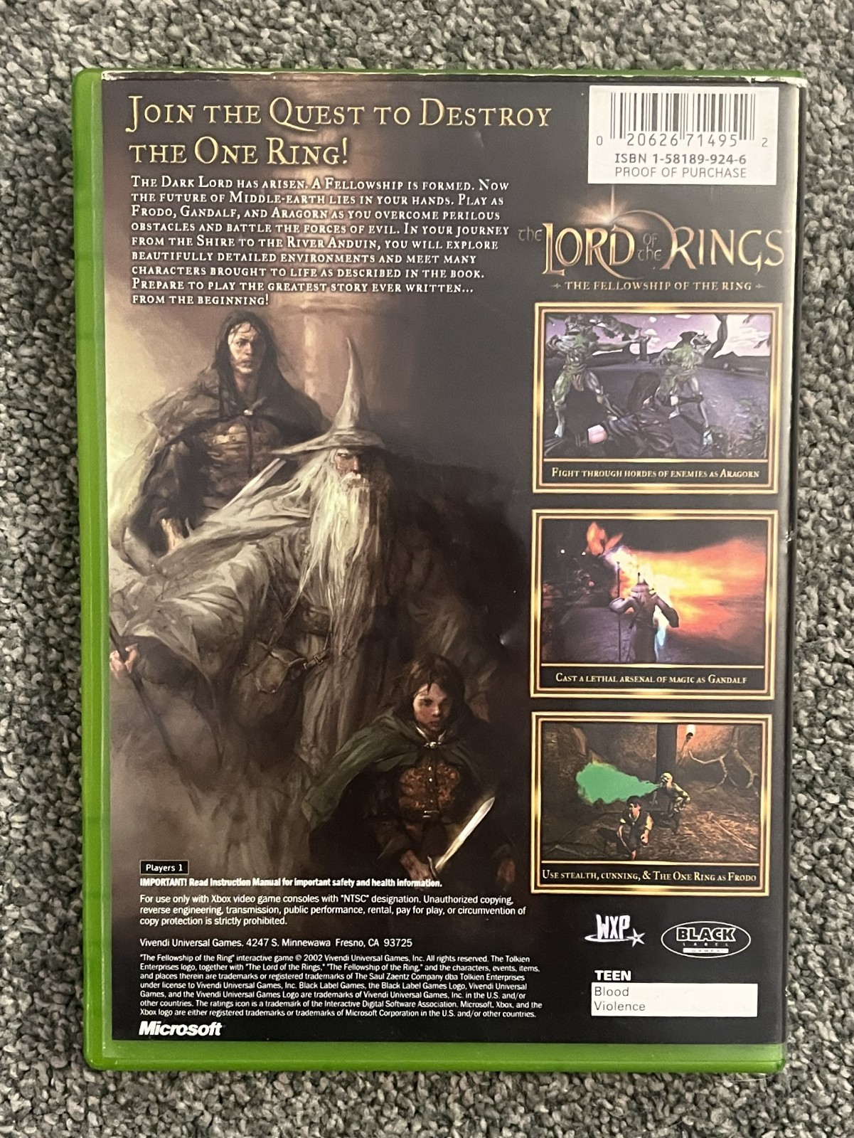 Lord of the Rings: The Fellowship of the Ring (Original Xbox) CIB Complete Game
