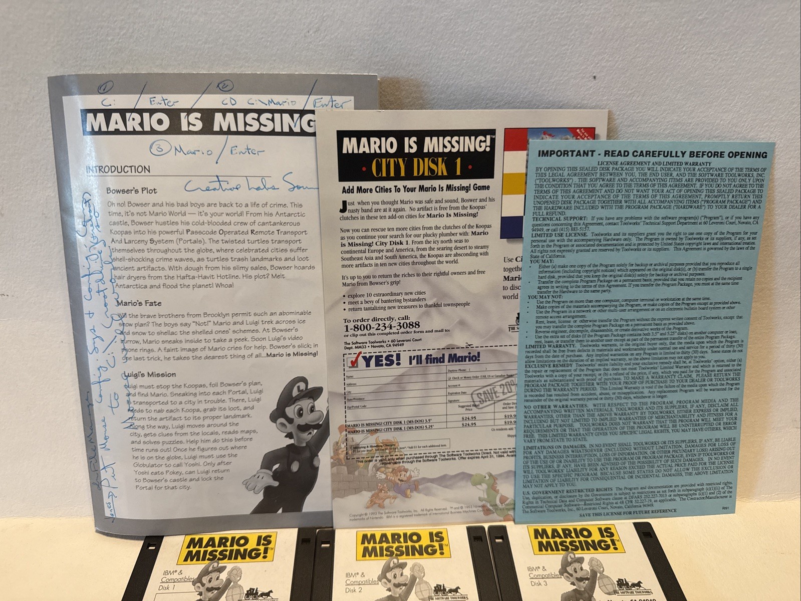 Mario Is Missing Nintendo IBM PC Game w/ Box and Paperwork c1992 Vtg 3.5″ Disks