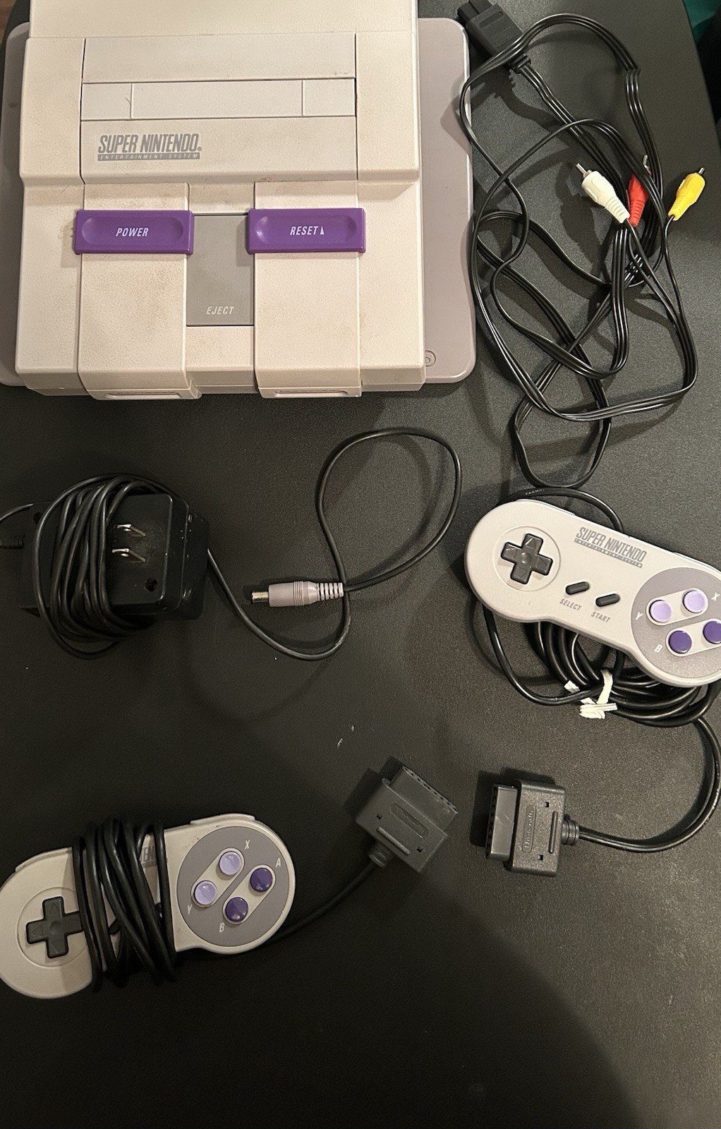 Working Super Nintendo SNES Bundle with 2 Controllers, Power Adapter & Tray