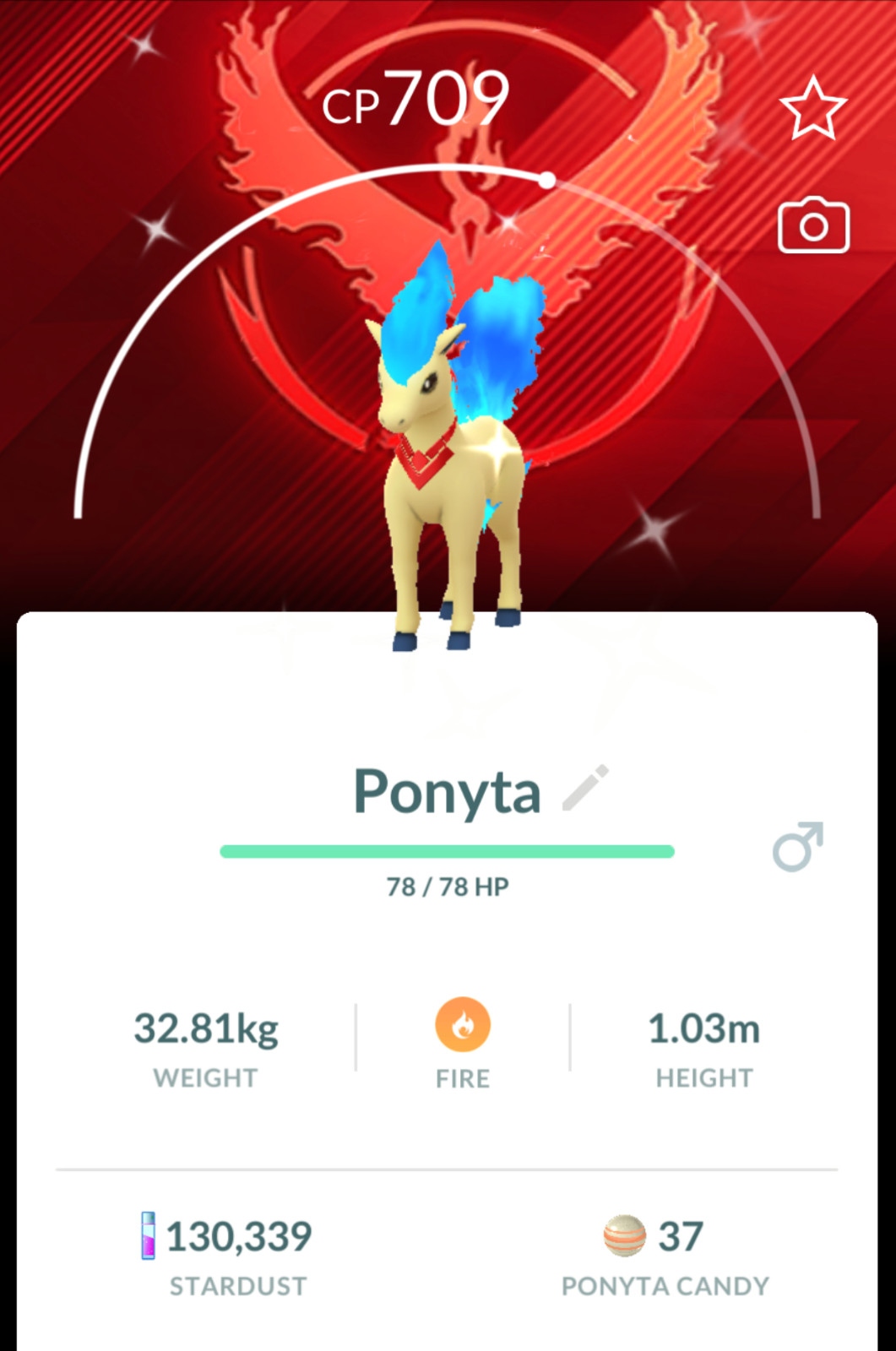 Pokémon Shiny Ponyta wearing a Candela themed accessory Team Valor