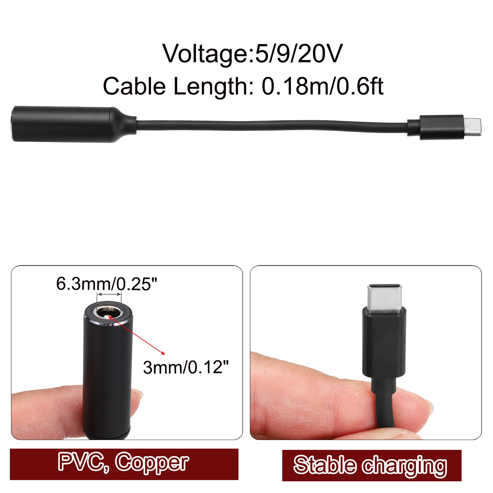 0.6FT USB C to DC PD Power Fast Charging Cable, 6.3mmx3mm 65W/5V/9V/20V(Black)