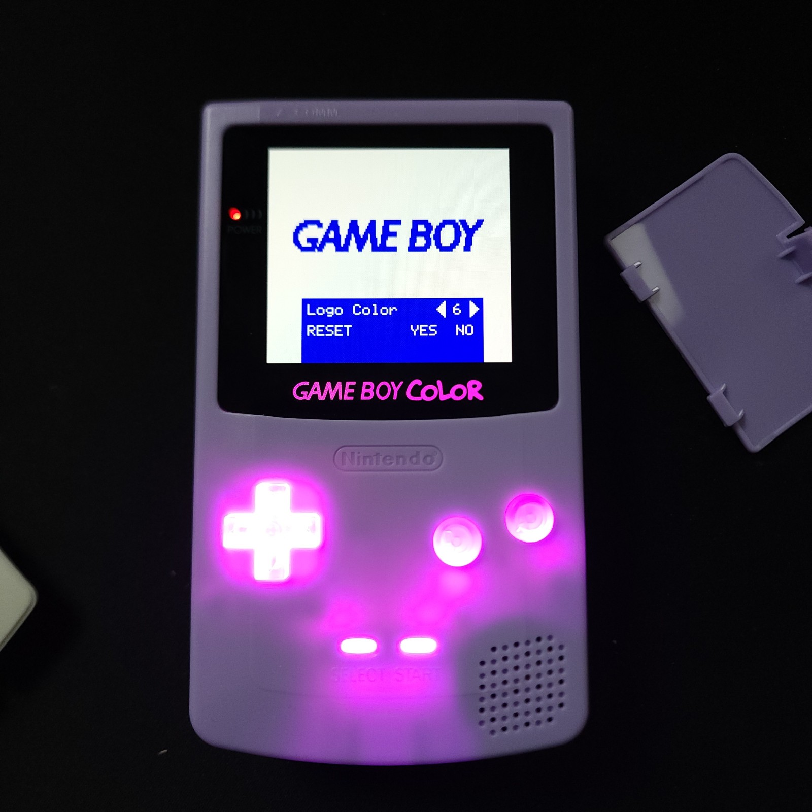 GameBoy Color GBC Lilac Backlit OLED Screen, Color Changing Buttons/Logo