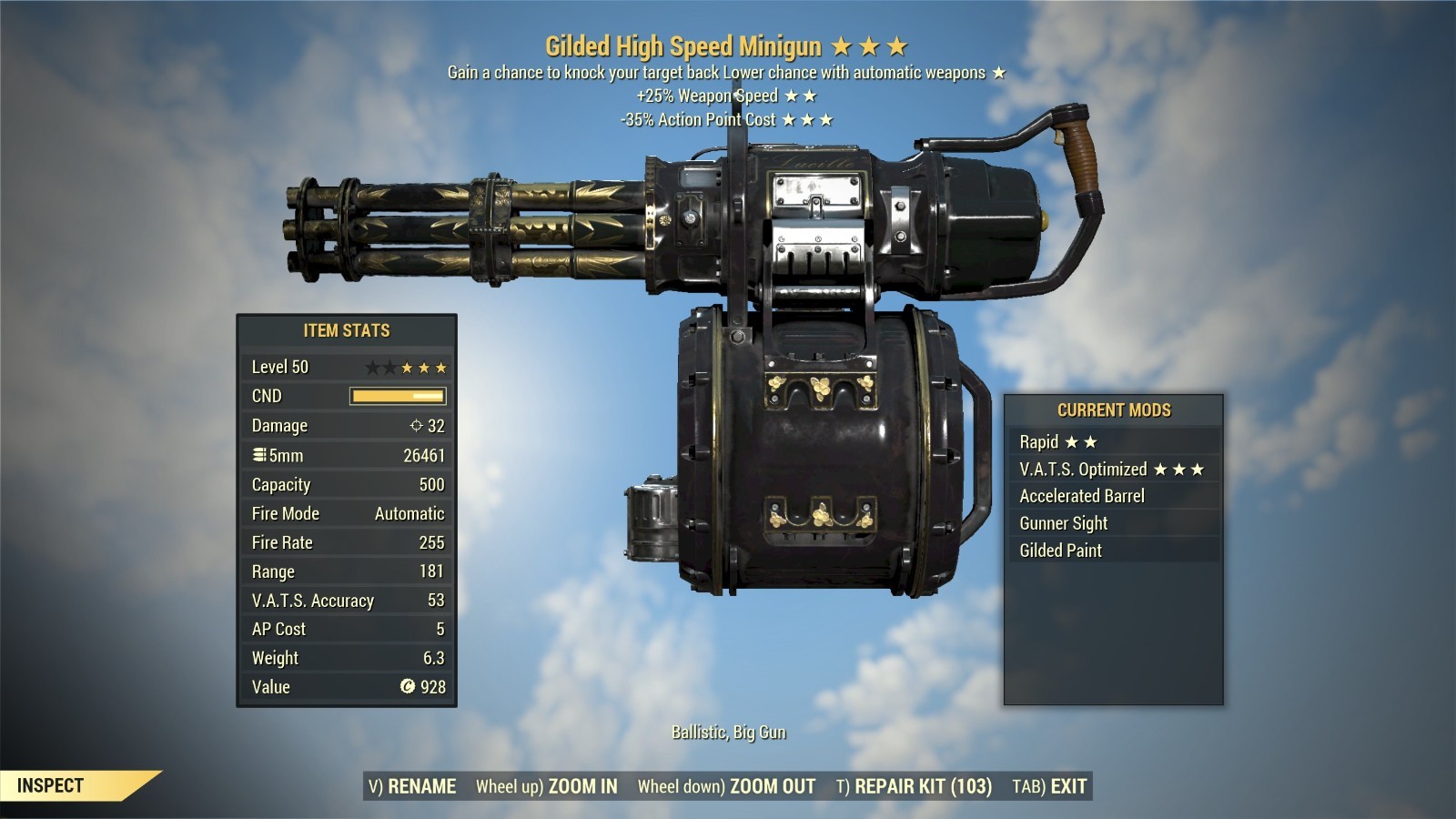FALLOUT 76 PC CONCUSSIVE RAPID VATS OPTIMIZED MINIGUN BOSS KILLER FUNNY WEAPON