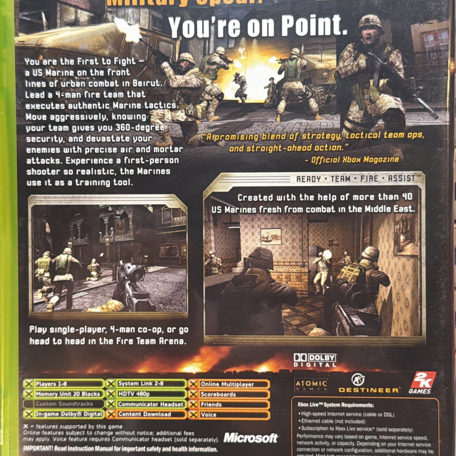 First to Fight United States Marines Microsoft Xbox Video Game CIB Complete